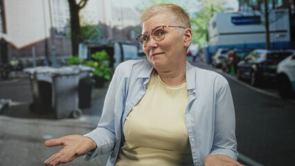 Fototapeta premium Woman with short blond hair and glasses shrugs with palms up on a city street beside parked cars and large trash bins; bemusement.
