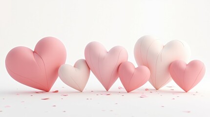 Soft pink and white heart shaped pillows on white background