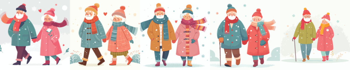 old couple walking together on a snowy road