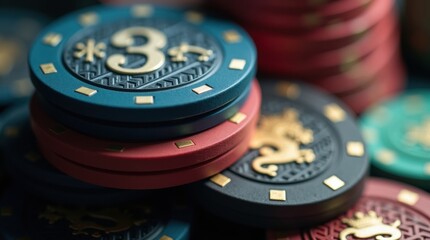 Close up of colorful casino poker chips stacked on a table with shallow depth of field