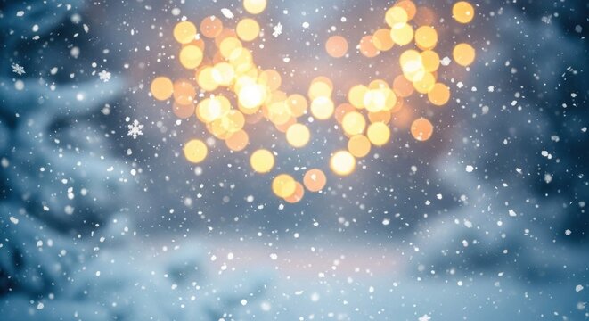 A snowy winter landscape with a glowing heart and snowflakes falling.