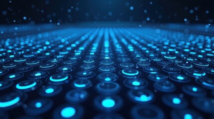Abstract glowing blue digital grid with particles in dark background