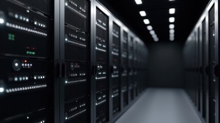 Modern server room with rows of glowing computer racks and ceiling lights