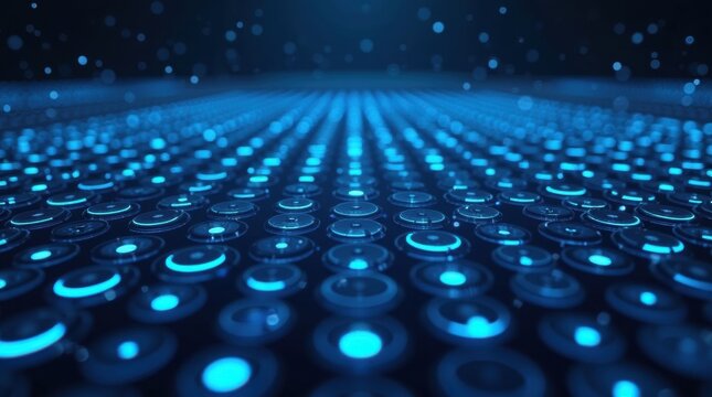 Abstract glowing blue digital grid with particles in dark background