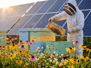 Sustainable harmony concept of beekeeping and renewable energy, with a beekeeper inspecting hives next to solar panels at sunset