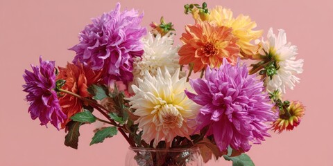 Colorful Dahlia Bouquet in Vase Against Pink Background.