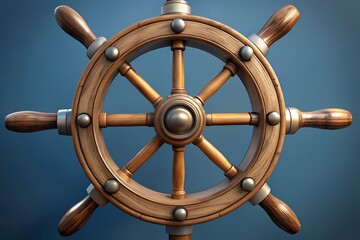 Antique wooden ship s helm with metal accents against a blue background