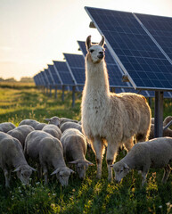 Fototapeta premium Llama standing guard over a flock of sheep grazing in a lush green pasture at a sustainable solar farm during a beautiful sunset
