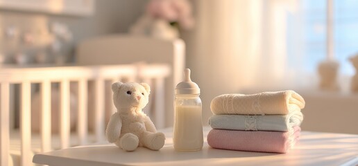 Serene Nursery Still Life - Teddy Bear, Bottle, and Soft Towels.
