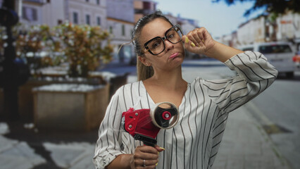 Hispanic woman wearing glasses and striped blouse holding red tape dispenser and rubbing her eye on...