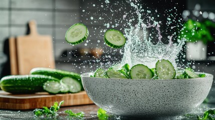 Cucumber slice drop multiple sequence ceramic bowl cascading motion effect water splash patterns modern kitchen wooden cutting board fresh vegetables culinary photography
