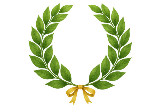 Green laurel wreath symbolising victory and success with golden ribbon, representing achievement and honor, transparent background - Powered by Adobe