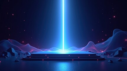 Futuristic platform with a bright blue beam of light ascending