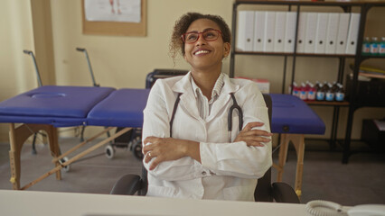 Obraz premium Woman with stethoscope typing at laptop at desk in clinic with treatment table and shelves visible; professional care confidence.