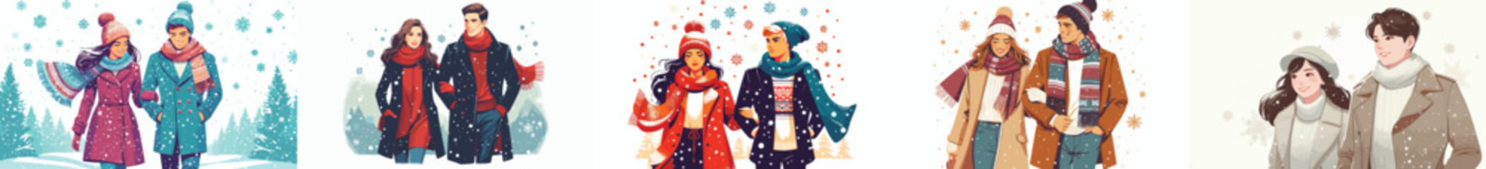 vector of half body couple walking together on a snowy road