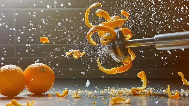 Orange zest curl rotating air citrus reamer vortex vibrant peels motion blur effects culinary preparation dynamics stainless steel kitchen tool fresh oranges modern counter
