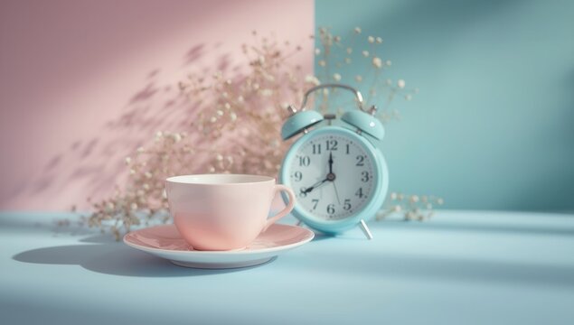 Pastel pink cup of tea with alarm clock and flowers on a blue and pink background - Powered by Adobe