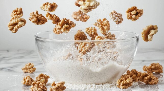 Walnut piece drop dramatic side lighting emphasizing falling motion striking shadows glass mixing bowl flour dust cloud baking cooking stock photography
