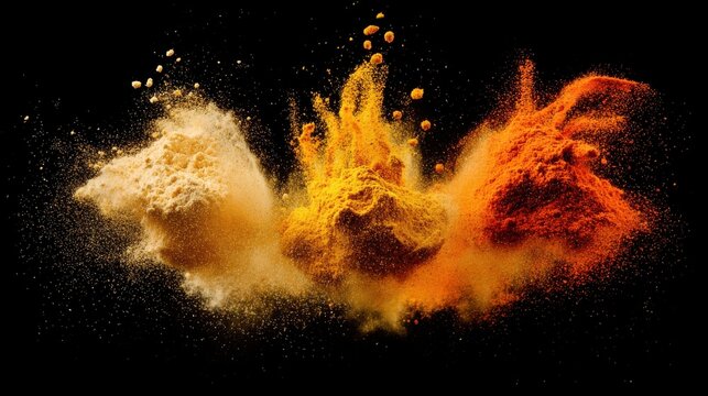 Spice powder cloud vibrant explosion turmeric paprika cumin particles mid-air frozen motion individual granules dynamic swirls dark background dramatic lighting