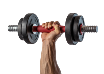 Hand holding a heavy black dumbbell, representing fitness and strength training isolated on transparent white background 
