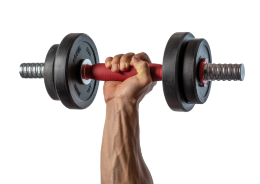 Hand holding a heavy black dumbbell, representing fitness and strength training isolated on transparent white background 
