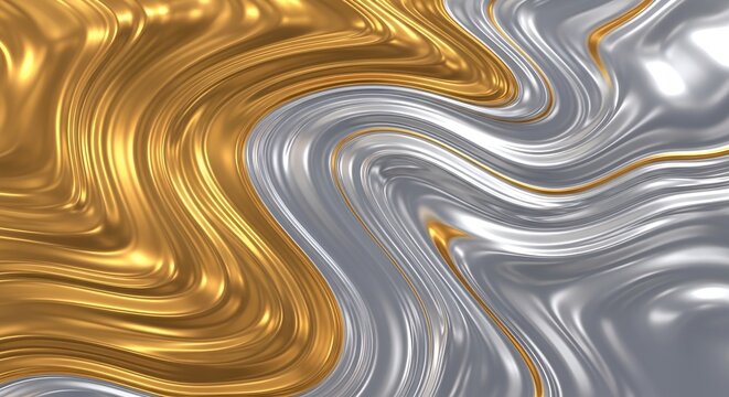 Liquid gold and silver metallic flow abstract background with wavy pattern