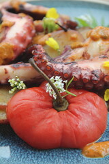 Grilled octopus with golden potatoes and creamy rocoto sauce—a bold and flavorful seafood dish showcasing the richness of Peruvian cuisine.