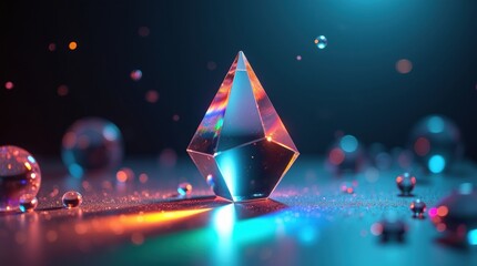Abstract glowing crystal with vibrant neon lights and bokeh effect