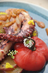Grilled octopus with golden potatoes and creamy rocoto sauce—a bold and flavorful seafood dish showcasing the richness of Peruvian cuisine.