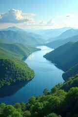 Serpentine river winding through lush green mountains under a blue sky