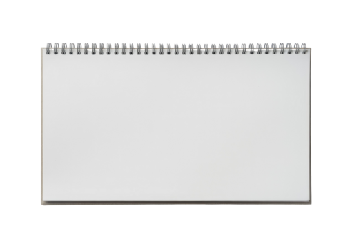 Open spiral notebook or sketchbook with blank white pages for mockup isolated on transparent white background 
