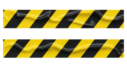Strips of wrinkled yellow and black striped caution tape for restricted areas isolated on transparent white background 