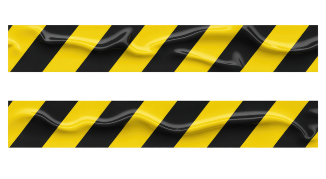 Strips of wrinkled yellow and black striped caution tape for restricted areas isolated on transparent white background 