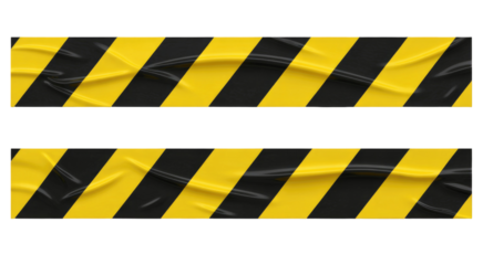 Strips of wrinkled yellow and black striped caution tape for restricted areas isolated on transparent white background 