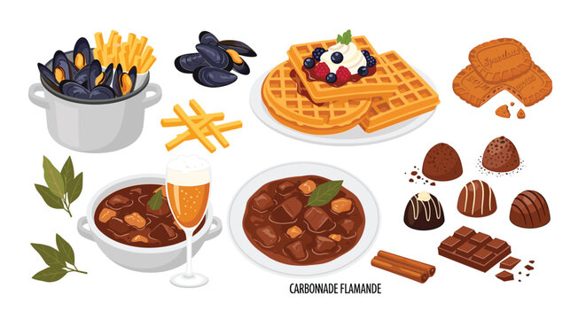 Traditional Belgian cuisine featuring moules-frites, waffles, Speculoos cookies, chocolate truffles, and Carbonade Flamande, a Flemish beef and beer stew.