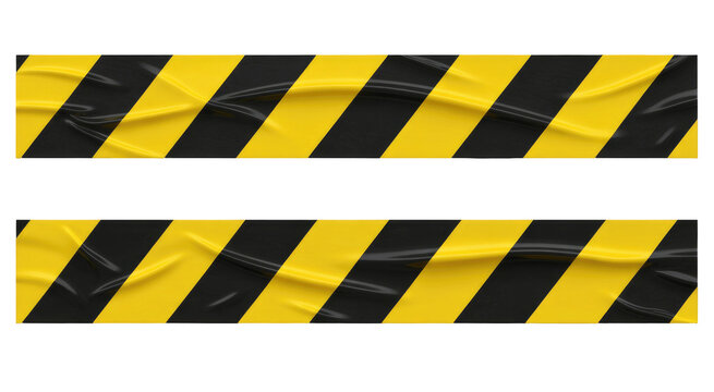Strips of wrinkled yellow and black striped caution tape for restricted areas isolated on transparent white background 