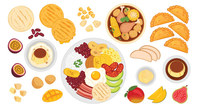Colorful Colombian Cuisine Illustration: Bandeja Paisa, Ajiaco Soup, Arepas, Empanadas, Passion Fruit, and Flan for Culinary Art Prints