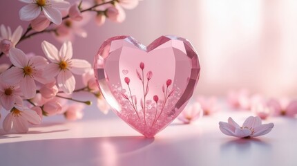 Delicate pink crystal heart with soft flower blossoms and gentle light