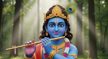 Krishna Divine 4K Wallpaper. Semi-Realistic Standing Krishna in Vrindavan.