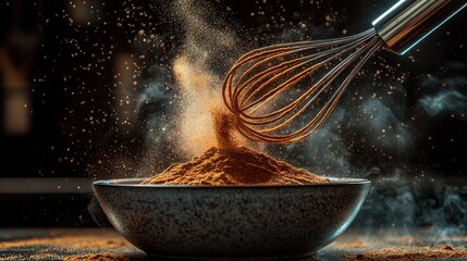 Cinnamon dust cloud turbulent spiral motion powder whisked mixing bowl curved patterns suspended air particles culinary dynamics professional kitchen setting
