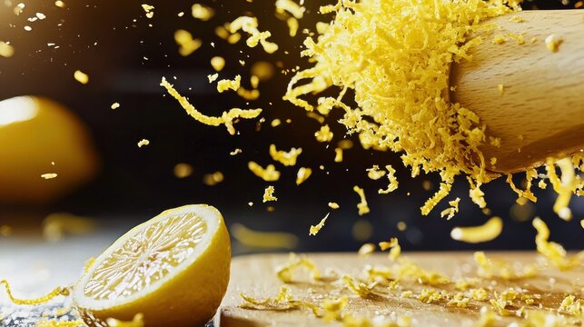 Lemon zest spray particles wooden grater bright yellow fragments scatter directions dark kitchen background wooden cutting board energetic culinary