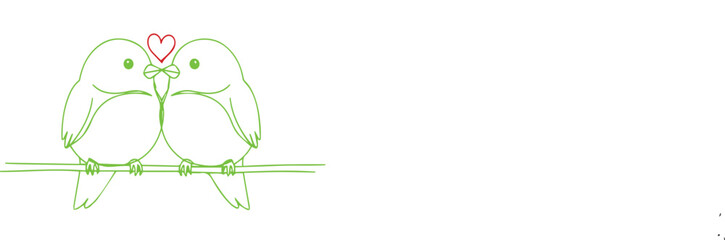 Two adorable birds perched on a branch, sharing a sweet moment under a pink heart.