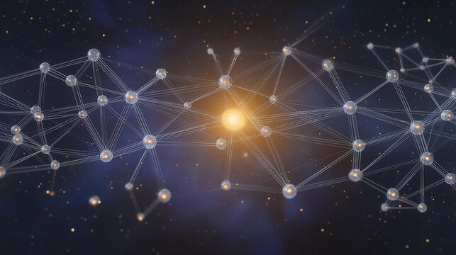 abstract neural network lines and glossy nodes, depth of field, corporate tech background, copy-friendly negative space