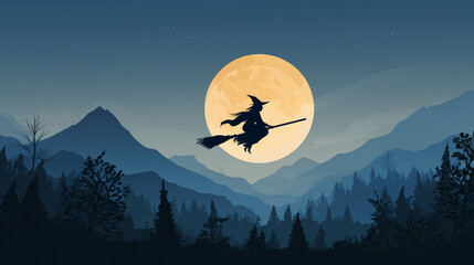 Silhouette of a witch flying on broomstick across full moon over misty mountain forest at night