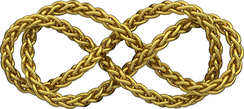 Two Gold Wheat Links Chains Woven into Infinity Sign. Golden Double Braided Symbol of Eternal Strength, Success and Elegance. 3D isolated illustration