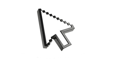 stylized 3D pixel cursor arrow with stepped, blocky edges in monochrome — useful for pointers, click actions, retro-computer themes, and UI interaction visuals.

