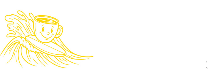 Joyful coffee cup character surfing a wave with a happy expression