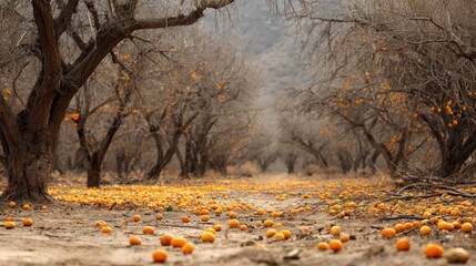Orchard scene with rows of bare trees bearing ripe oranges scattered on the ground