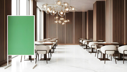 Green screen vertical signage mockup for wedding event menu and luxury restaurant advertising display featuring elegant banquet hall interior with crystal chandeliers background