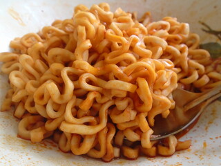Hot Spicy Instant Noodles Close Up. Delicious Street Food Meal. Ramen Noodle. World Challenge noodles